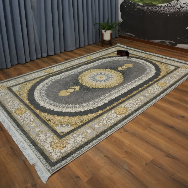 فرش ماشینی 1200 شانه تراکم 3600 گل برجسته  طرح صدرا دودی