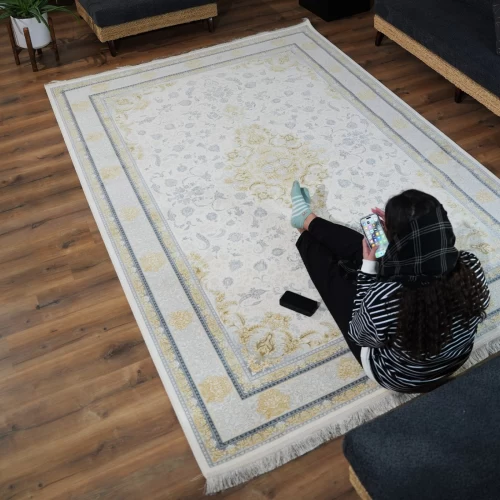 فرش ماشینی 1200 شانه تراکم 3600 گل برجسته طرح رایان کرم