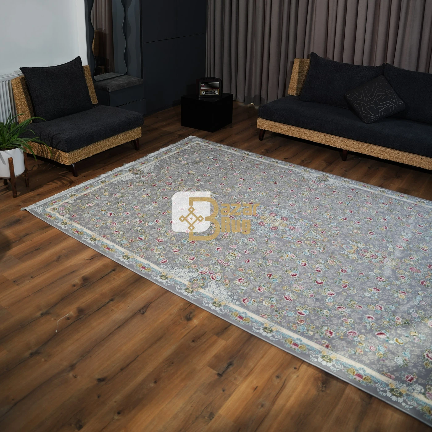 فرش ماشینی 1200 شانه تراکم 3600 طرح گلبهار نقره ای