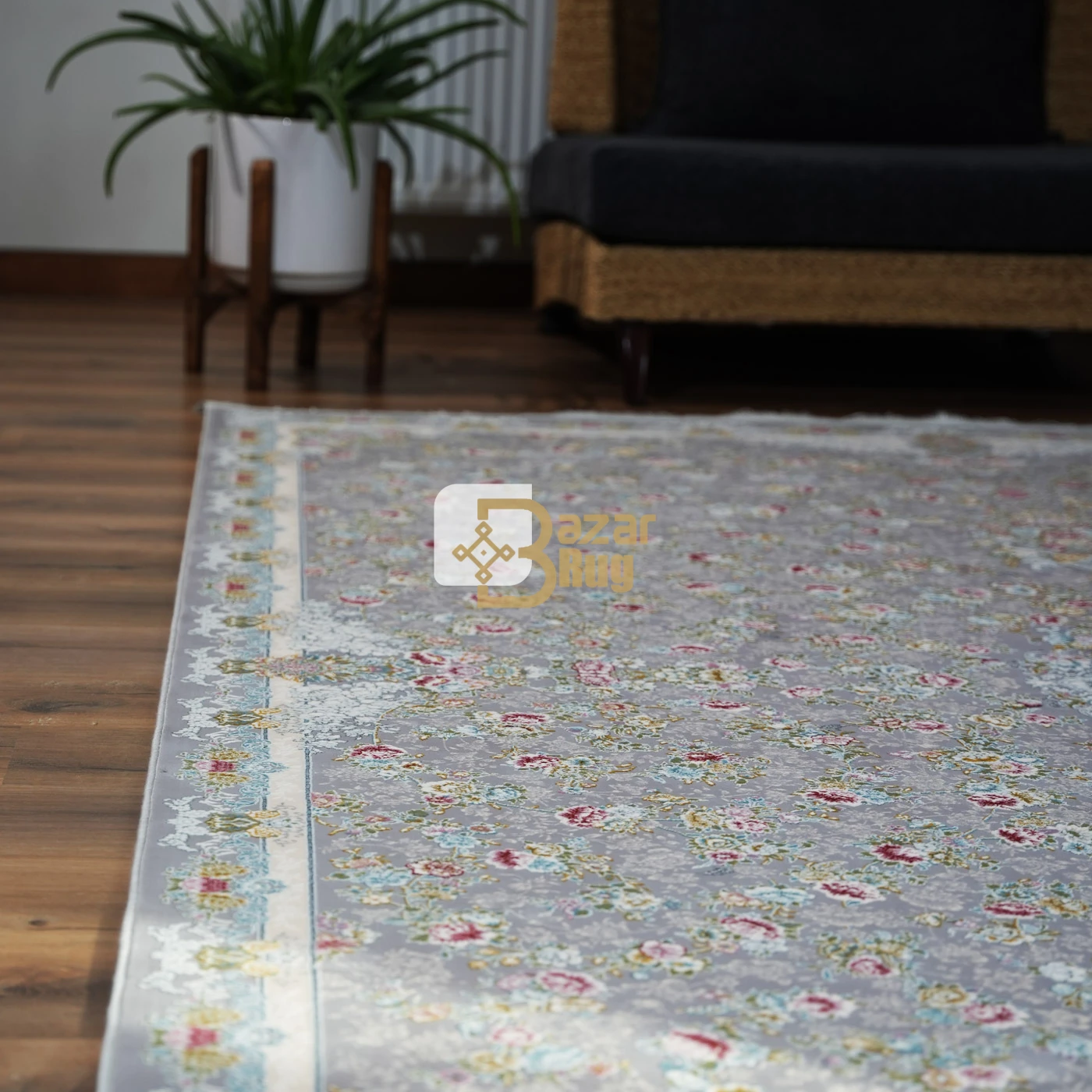 فرش ماشینی 1200 شانه تراکم 3600 طرح گلبهار نقره ای