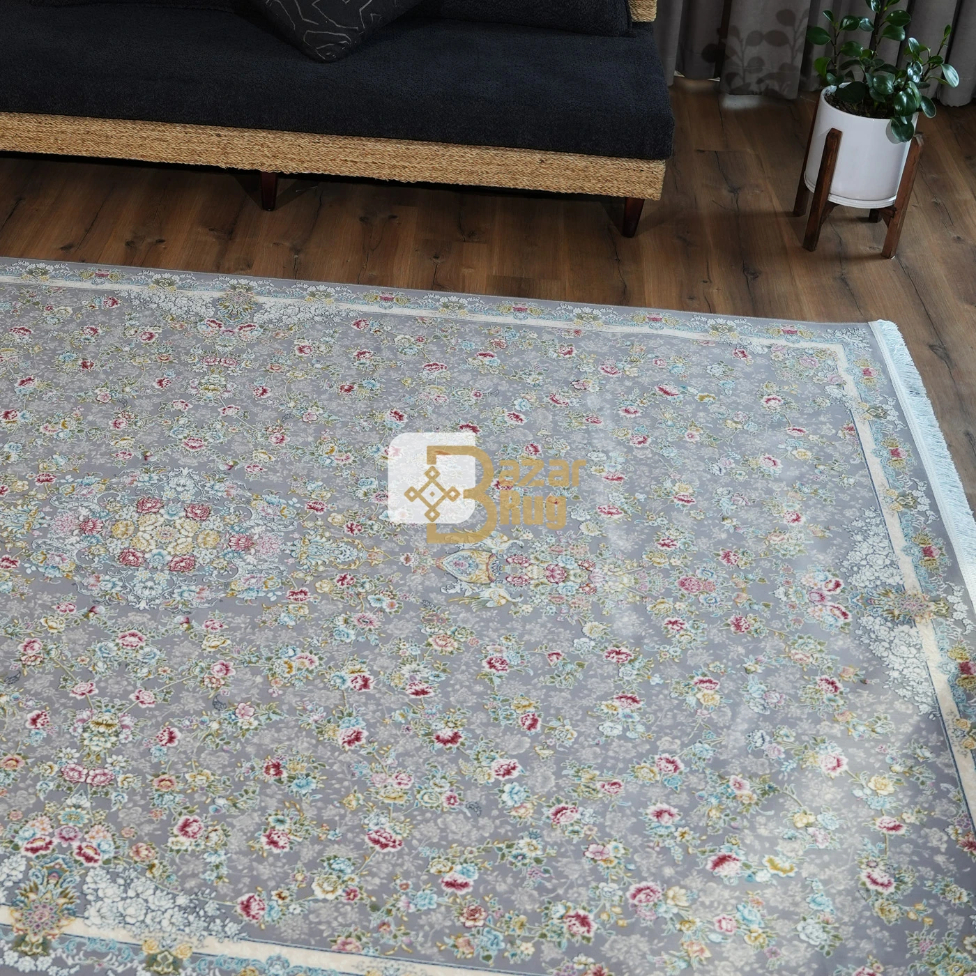 فرش ماشینی 1200 شانه تراکم 3600 طرح گلبهار نقره ای