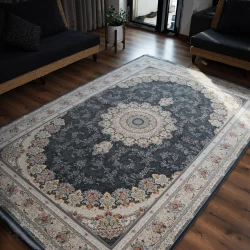 فرش ماشینی 1200 شانه تراکم 3600 گل برجسته طرح فریبا دودی - بازارفرش - فرش 1200 شانه