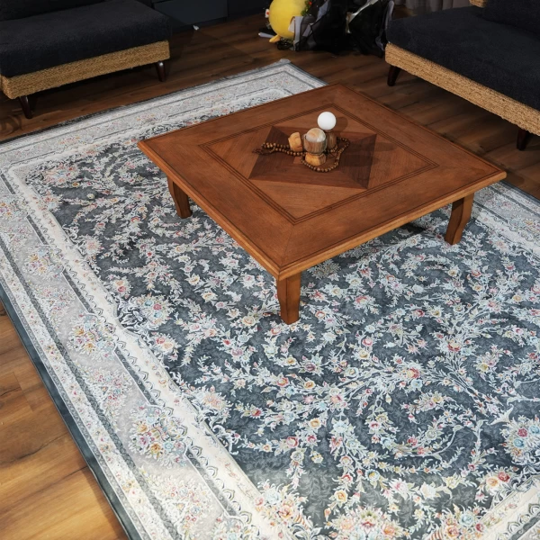 فرش ماشینی 1200 شانه تراکم 3600 گل برجسته طرح الناز دودی