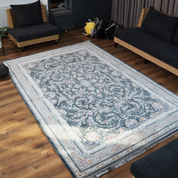 فرش ماشینی 1200 شانه تراکم 3600 گل برجسته طرح الناز دودی