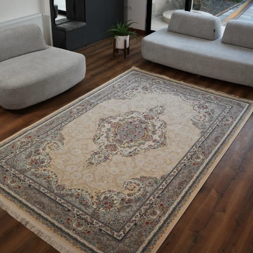 فرش ماشینی 1200 شانه تراکم 3600 گل برجسته طرح تبریز کرم 