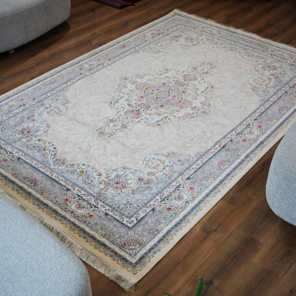 Machine made carpet 1200 reeds 3600 density Tabriz design cream color