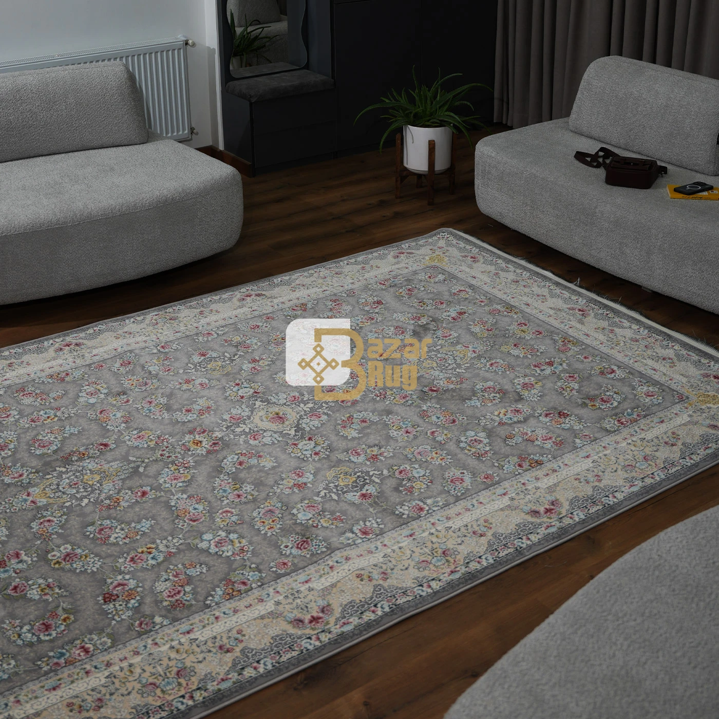 فرش ماشینی 1200 شانه تراکم 3600 طرح سیمین نقره ای