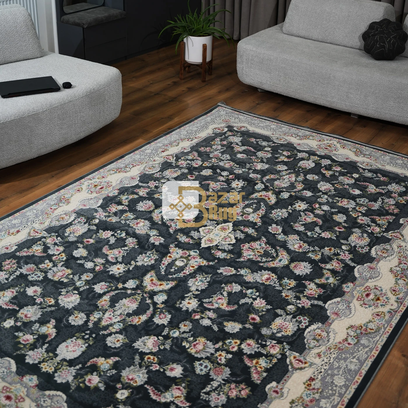 فرش ماشینی 1200 شانه تراکم 3600 طرح سوسن  دودی
