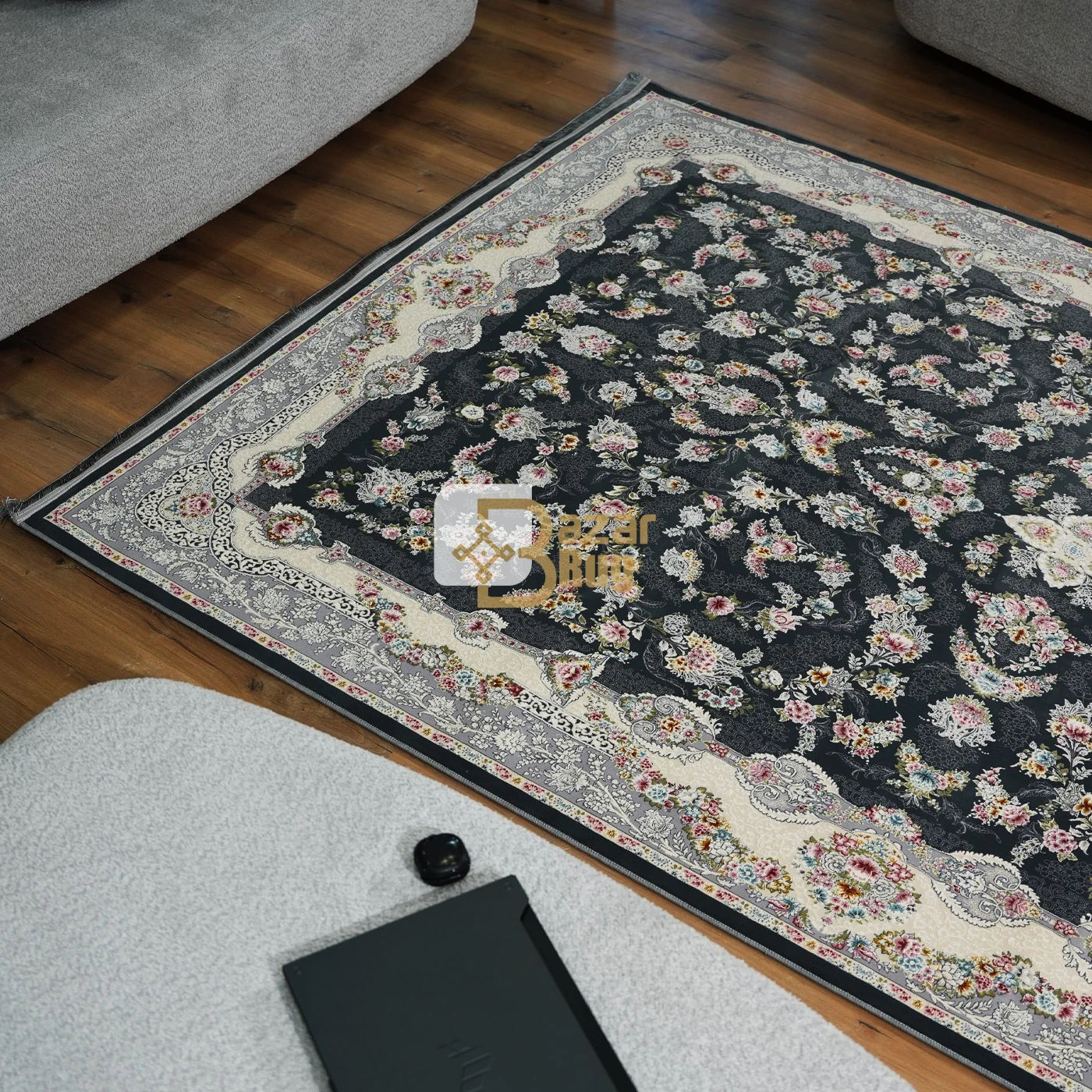 فرش ماشینی 1200 شانه تراکم 3600 طرح سوسن  دودی