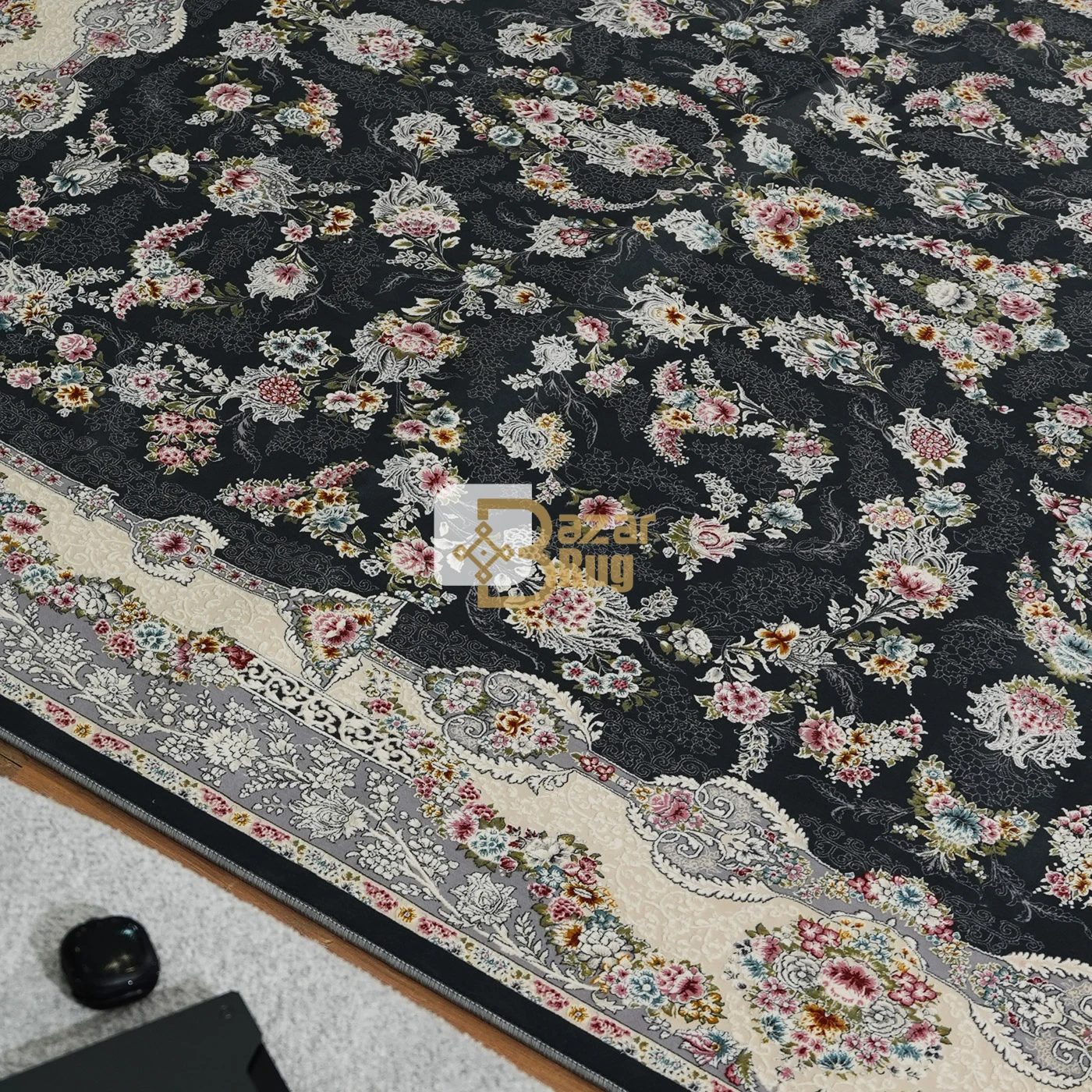 فرش ماشینی 1200 شانه تراکم 3600 طرح سوسن  دودی