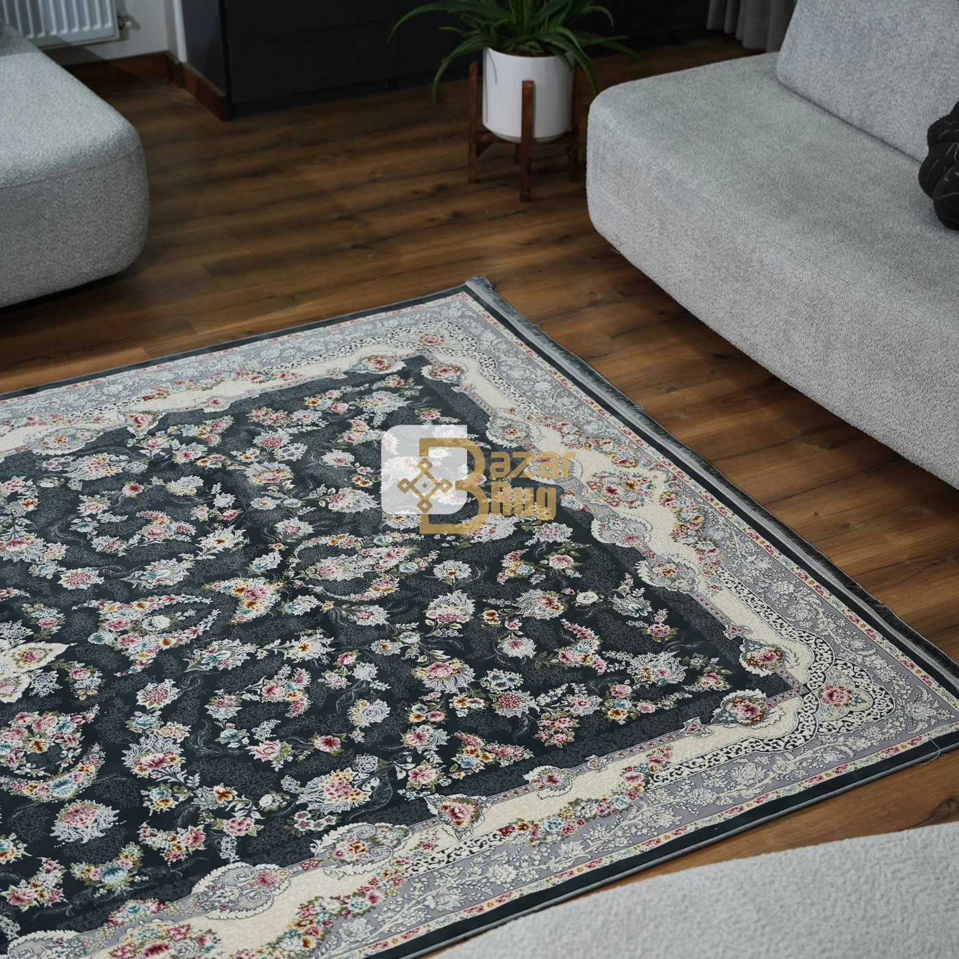 فرش ماشینی 1200 شانه تراکم 3600 طرح سوسن  دودی