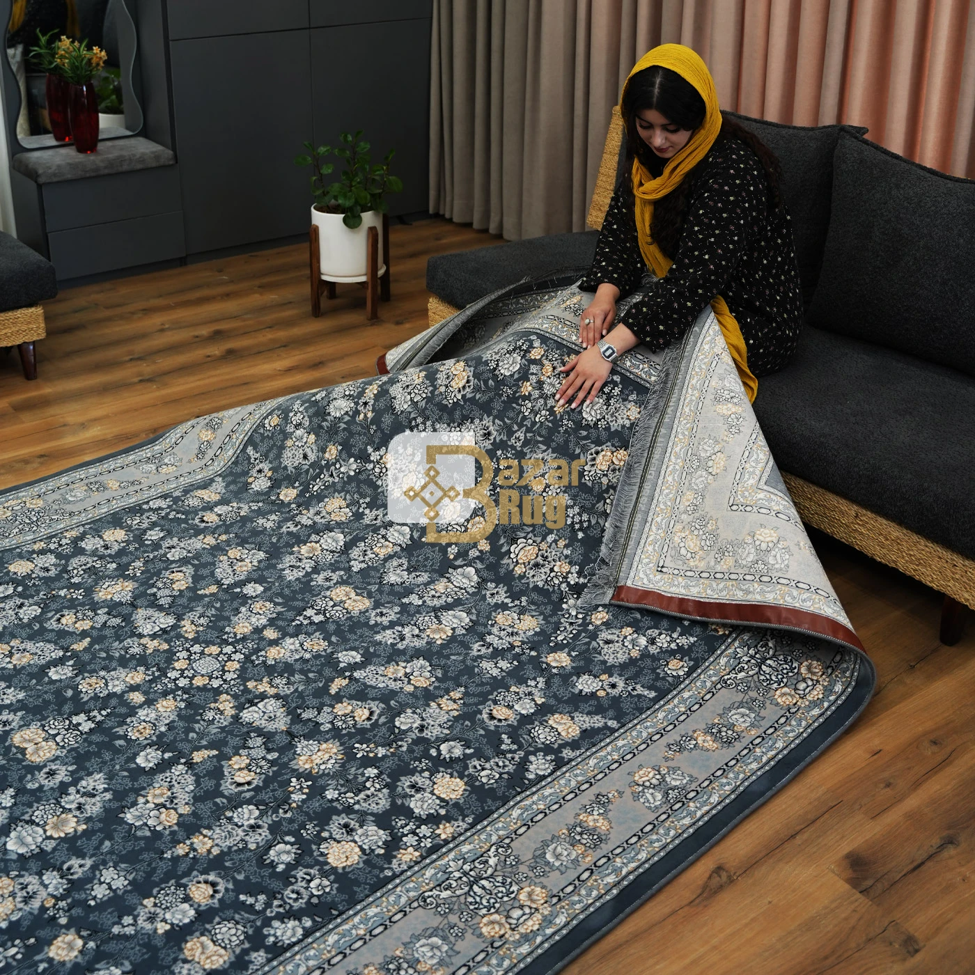 فرش ماشینی ۷۰۰ شانه تراکم ۲۵۵۰ طرح ژینوس دودی