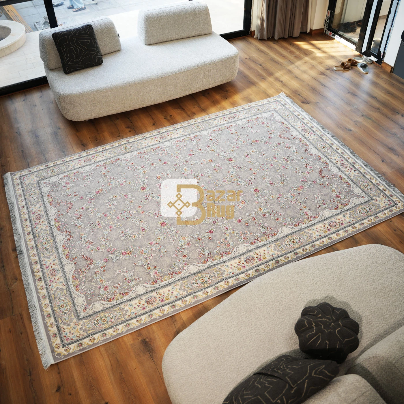 فرش ماشینی 1200 شانه تراکم 3600 طرح سارگل نقره ای