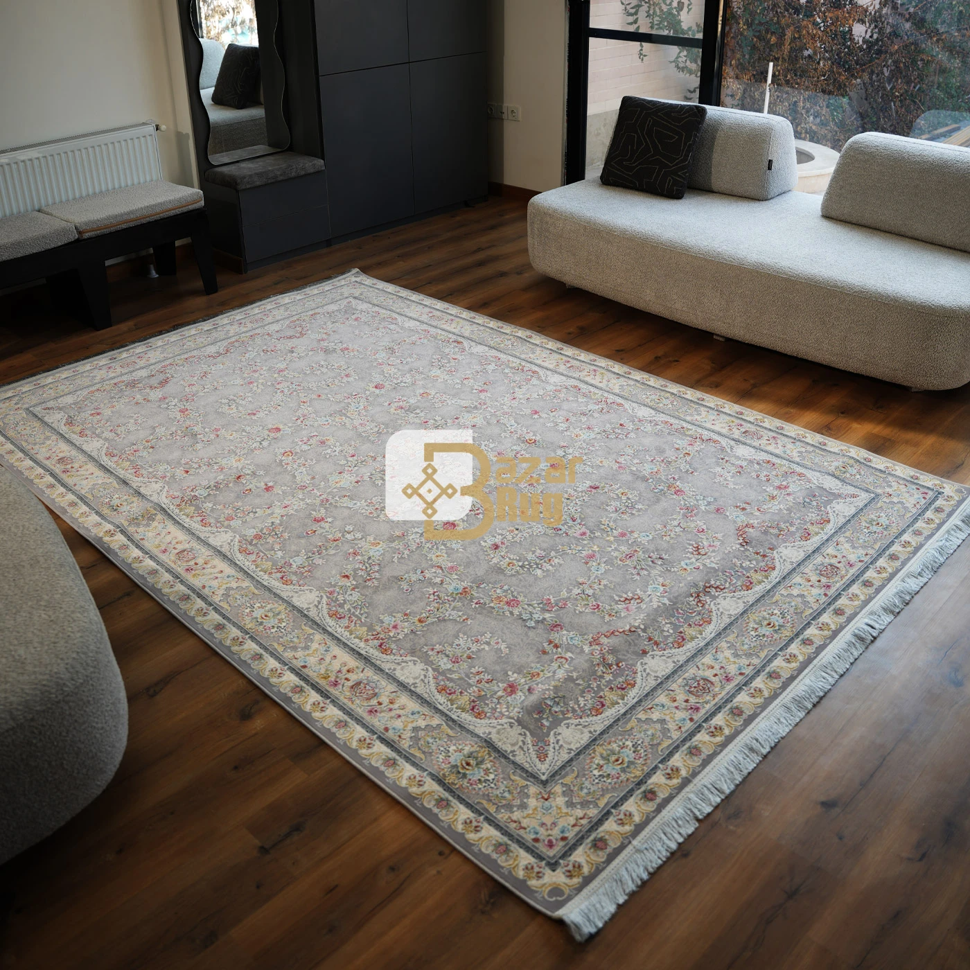 فرش ماشینی 1200 شانه تراکم 3600 طرح سارگل نقره ای