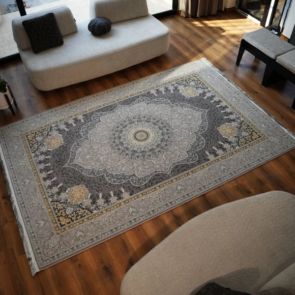 Machine-made carpet, 1200 reeds, 3600 density, Tanin design in silver color.