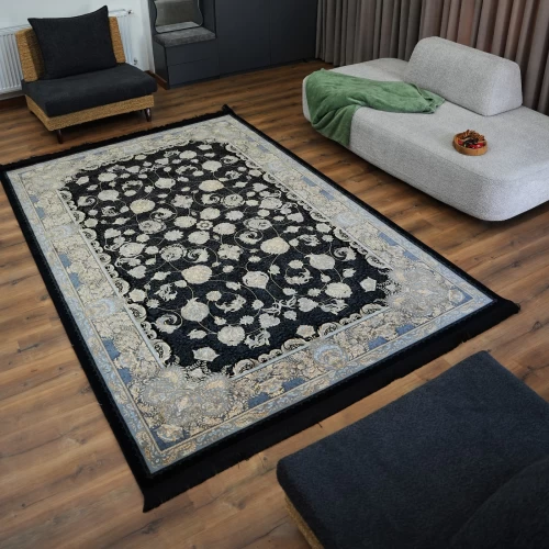 فرش ماشینی 700 شانه تراکم 2550 طرح همتا سرمه ای