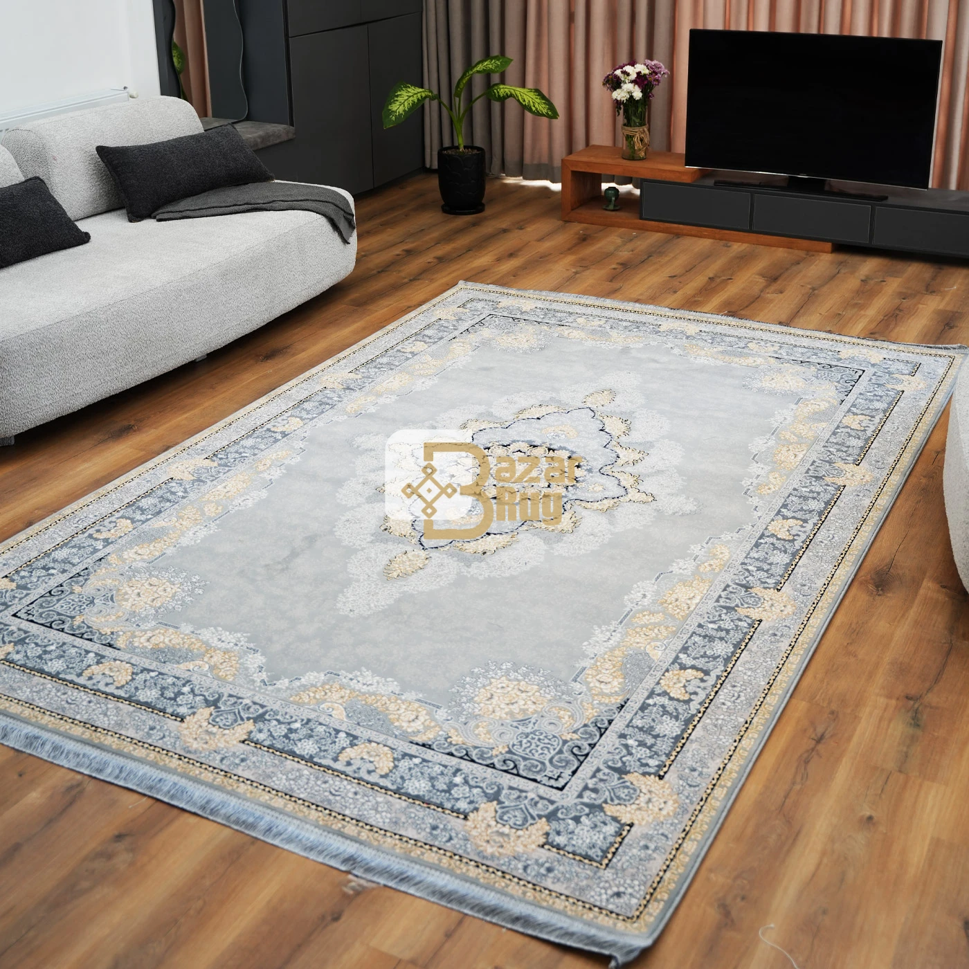 فرش ماشینی 700 شانه تراکم 2550 طرح نارنج نقره ای