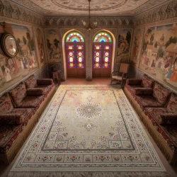 فرش ماشینی ۱۲۰۰ شانه تراکم ۳۶۰۰ گل برجسته طرح آسمان بژ - بازارفرش - فرش 1200 شانه