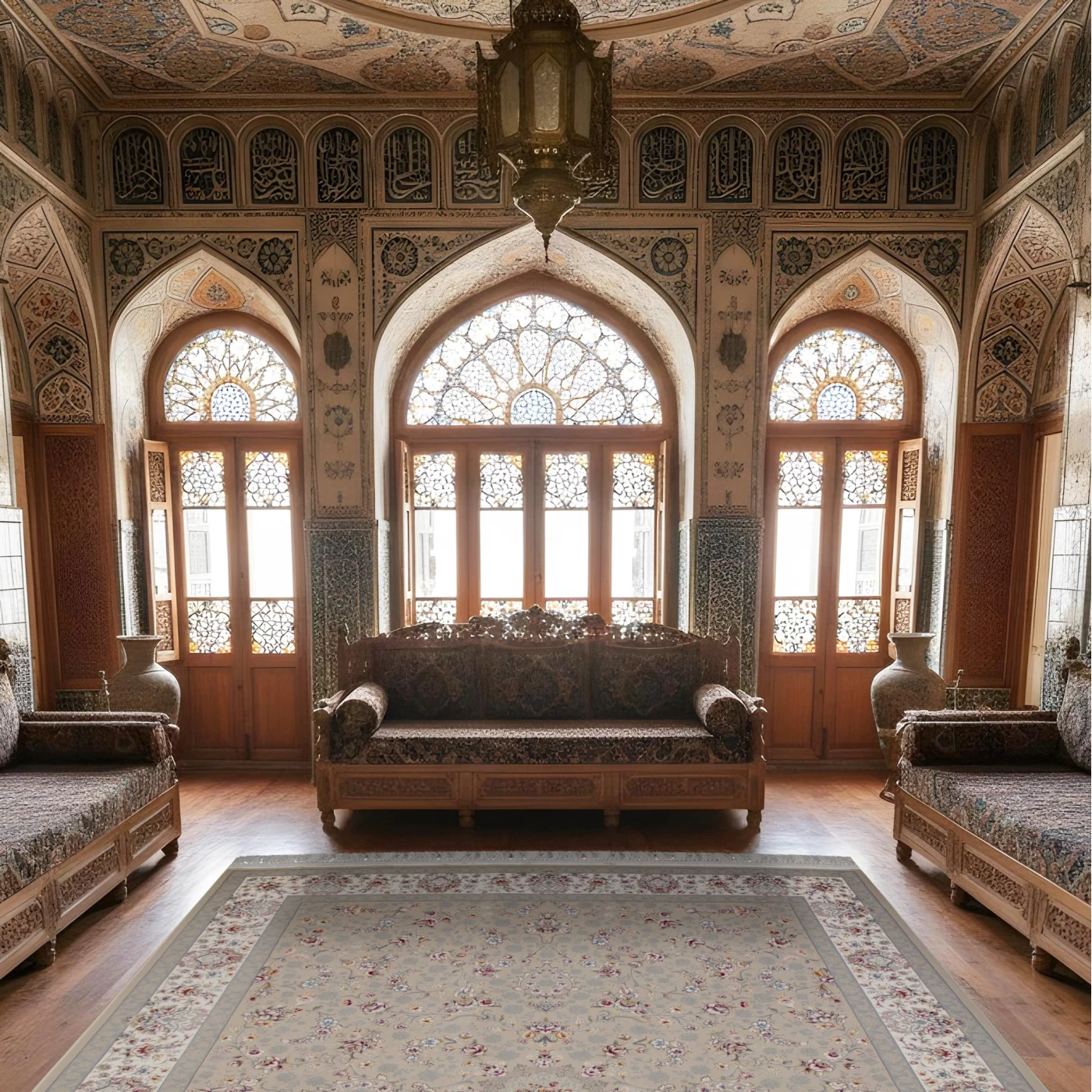فرش ماشینی ۷۰۰ شانه تراکم ۲۵۵۰ طرح آیناز کرم