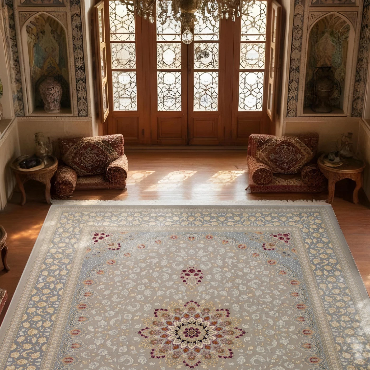 فرش ماشینی ۷۰۰ شانه تراکم ۲۵۵۰ طرح آماندا ترمه ای