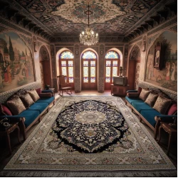 فرش ماشینی ۱۲۰۰ شانه تراکم ۳۶۰۰ گل برجسته طرح آرین سرمه‌ ای - بازارفرش - {category}