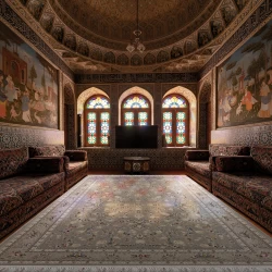 فرش ماشینی ۱۲۰۰ شانه تراکم ۳۶۰۰ گل برجسته طرح باغ مینو ترمه‌ ای - بازارفرش - فرش 1200 شانه