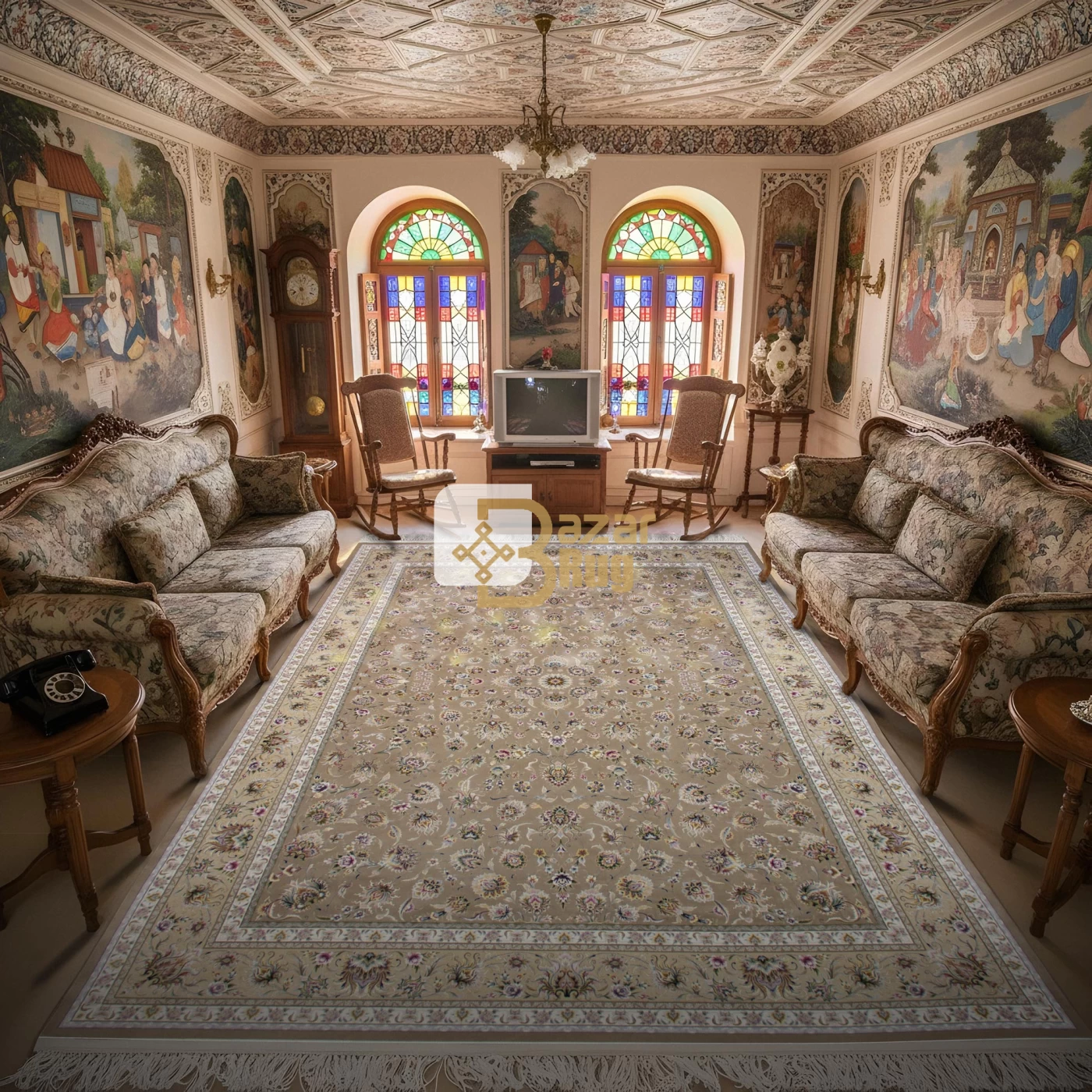فرش ماشینی ۱۲۰۰ شانه تراکم ۳۶۰۰ گل برجسته طرح هلن بژ