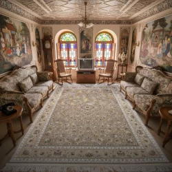 فرش ماشینی ۱۲۰۰ شانه تراکم ۳۶۰۰ گل برجسته طرح هلن بژ - بازارفرش - فرش 1200 شانه