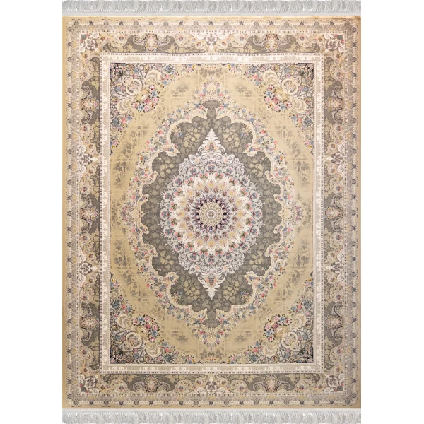  فرش ماشینی ۱۲۰۰ شانه تراکم ۳۶۰۰ گل برجسته طرح خجسته بژ 