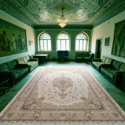 فرش ماشینی ۱۲۰۰ شانه تراکم ۳۶۰۰ گل برجسته طرح شقایق ترمه‌ ای - بازارفرش - {category}