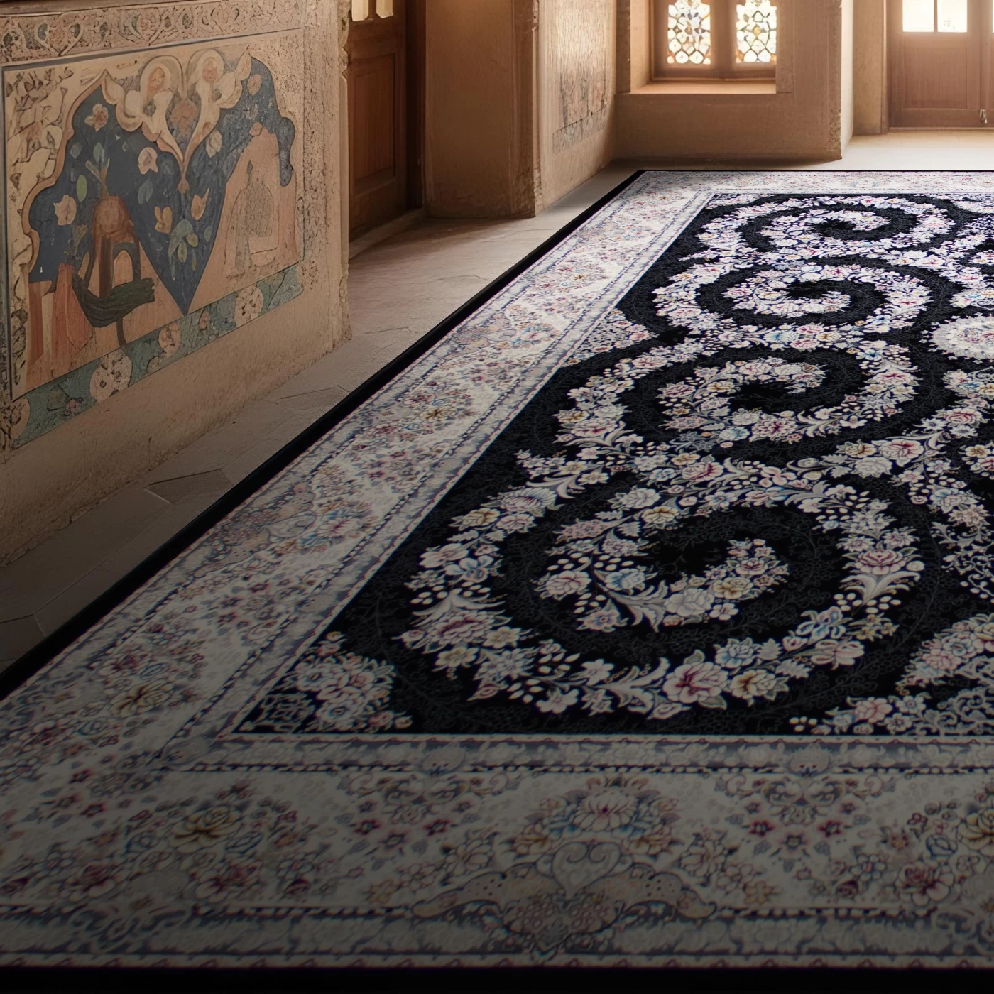 فرش ماشینی ۷۰۰ شانه تراکم ۲۵۵۰ طرح شکوه سرمه ای