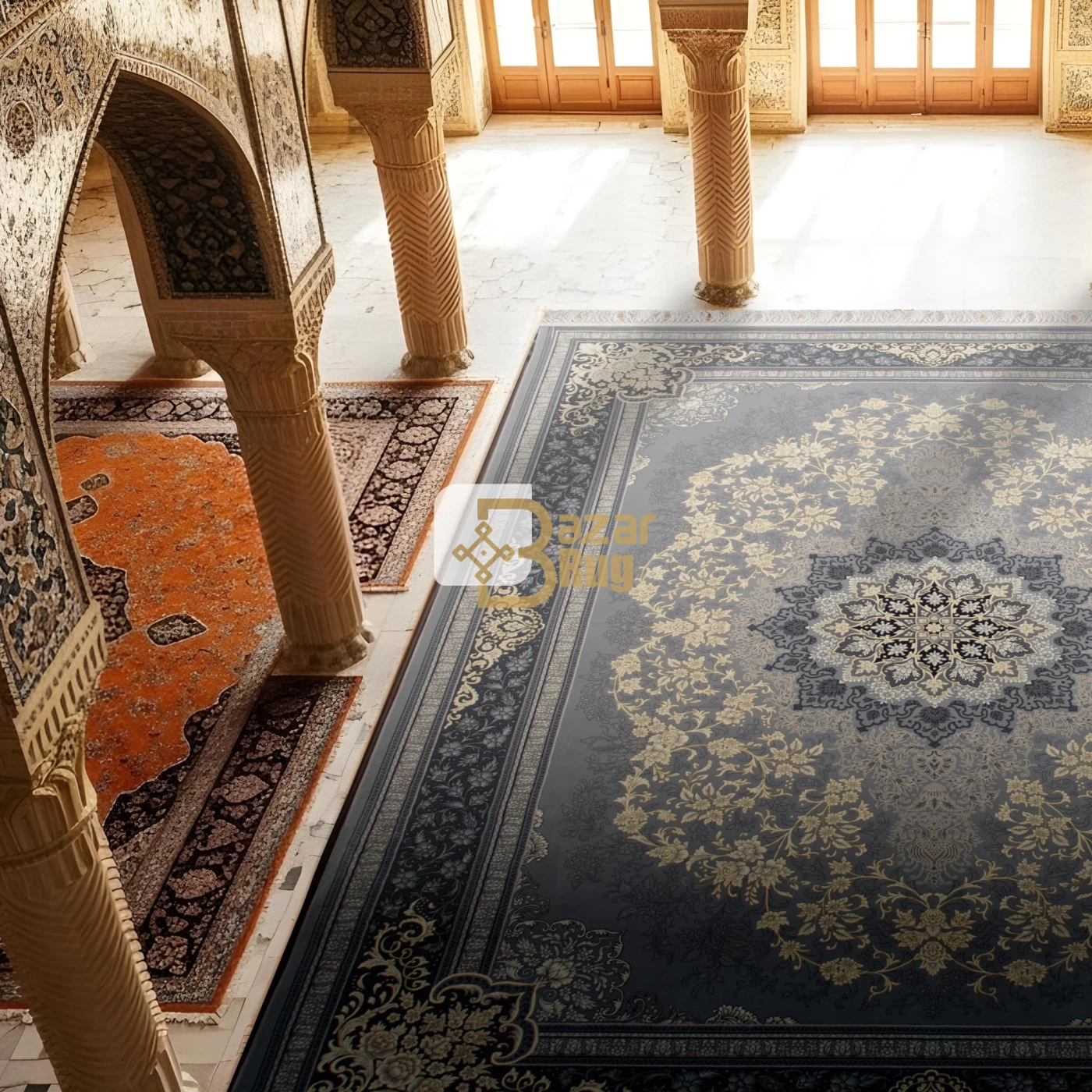 فرش ماشینی 700 شانه تراکم 2550 طرح تندیس نقره ای